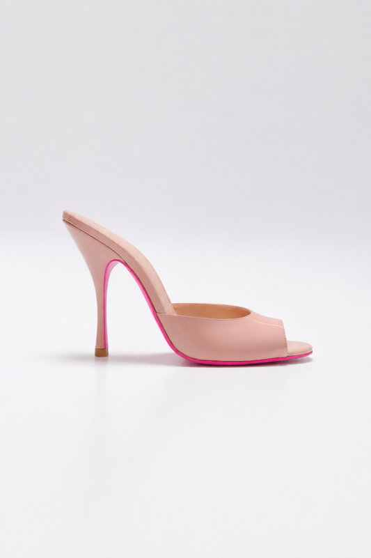 mule a talon en cuir nude et semelle rose pour femme vu de profil