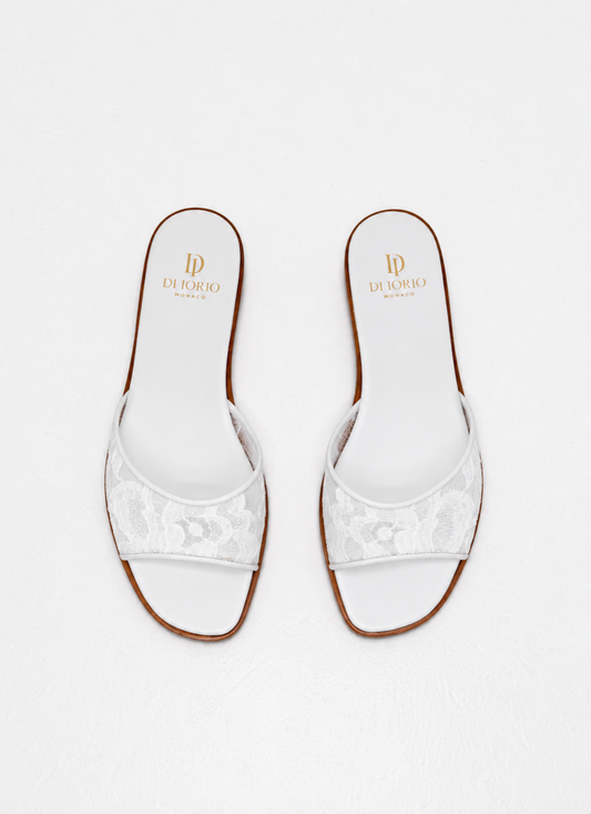 mule plate en dentelle blanche pour femme vu haut