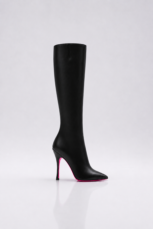 Bottes a talon en cuir noir et semelle rose pour femme vu de profil