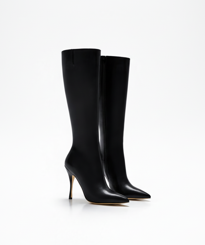 Bottes à talon en cuir de veau noir pour femme vu de 3/4