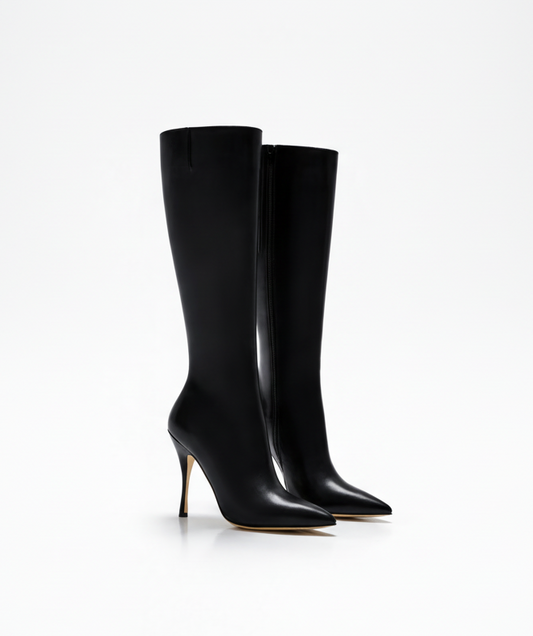 Bottes à talon en cuir de veau noir pour femme vu de 3/4