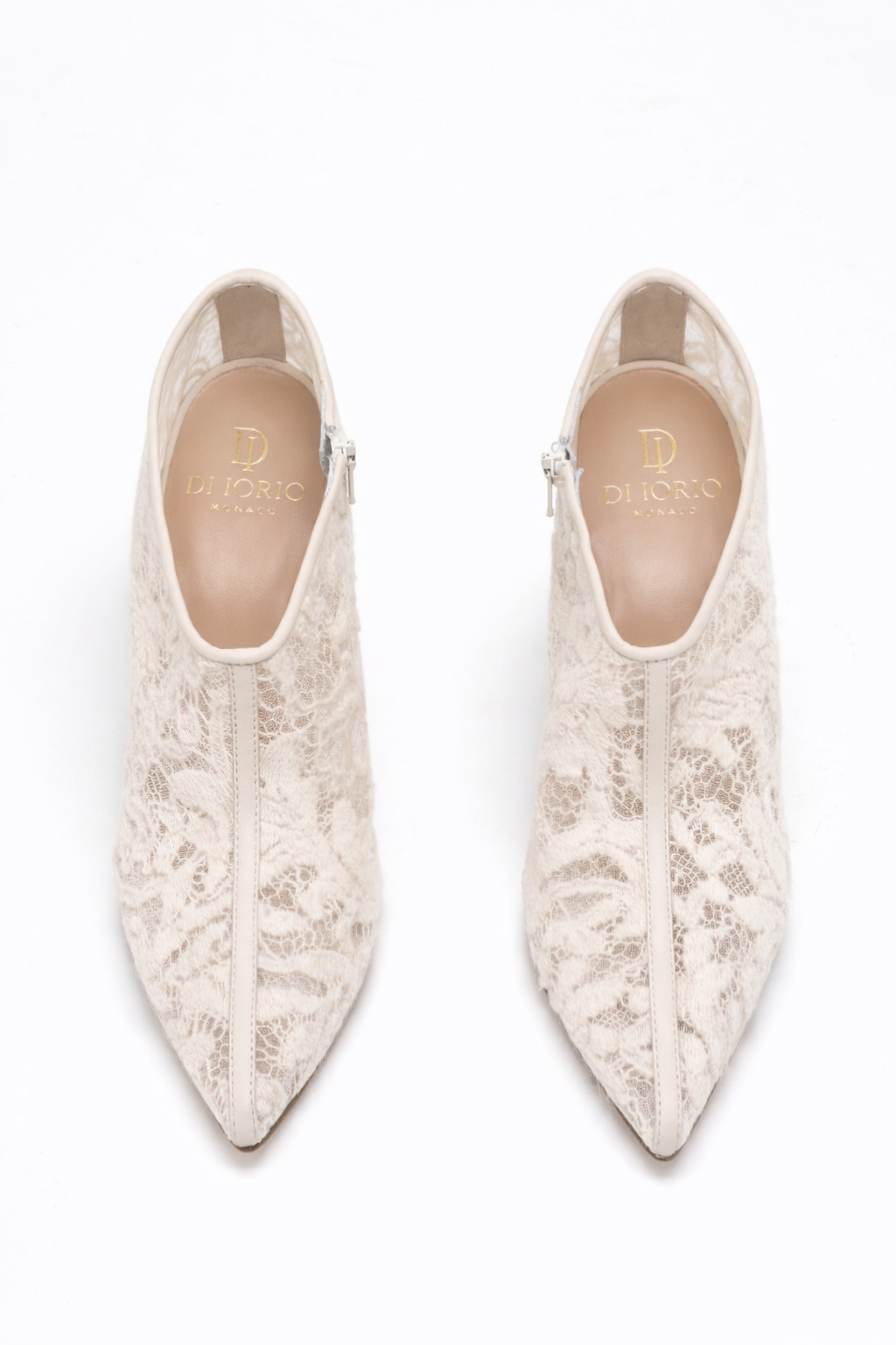 Bottines à talon en dentelle beige pour femme vu de haut