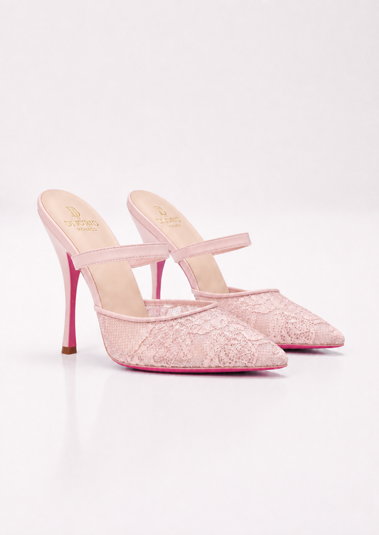 Mule a  talon en dentelle rose et semelle rose pour femme vu de 3/4