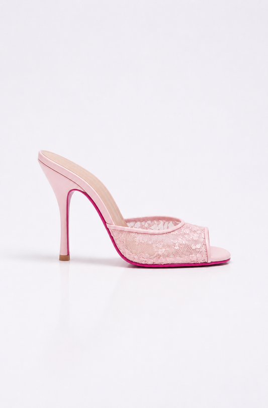 Mule a talon en dentelle rose avec semelle rose pour femme vu de profil