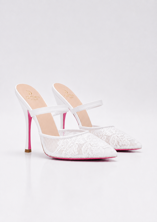 Mule a talon en dentelle blanche et semelle rose pour femme vu de 3/4