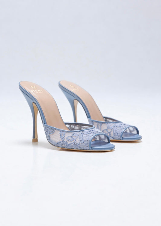 Mule à talon en dentelle bleu pour femme vu de 3/4 