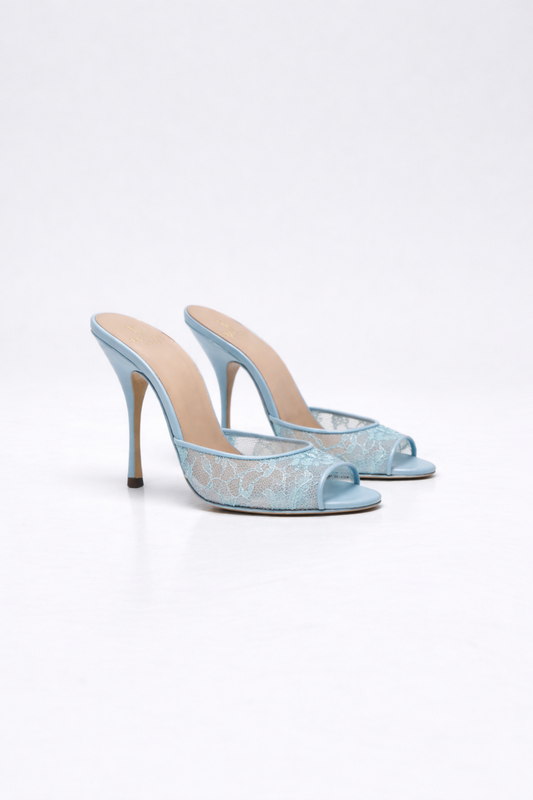 Mule à talon en dentelle summer bleu pour femme vu de 3/4 