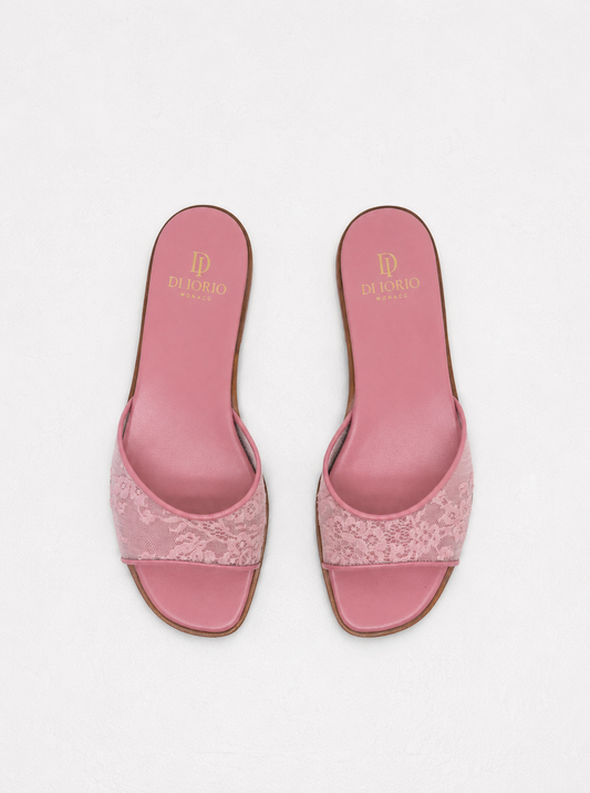 mule plate en dentelle rose pour femme vu de haut