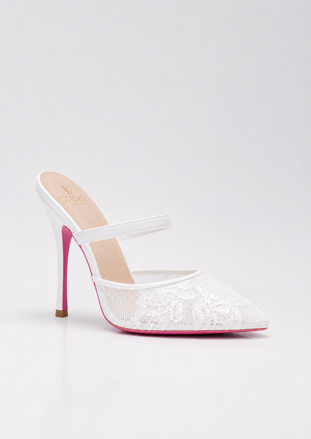 Mule a talon en dnetelle blanche et semelle rose pour femme vu de profil
