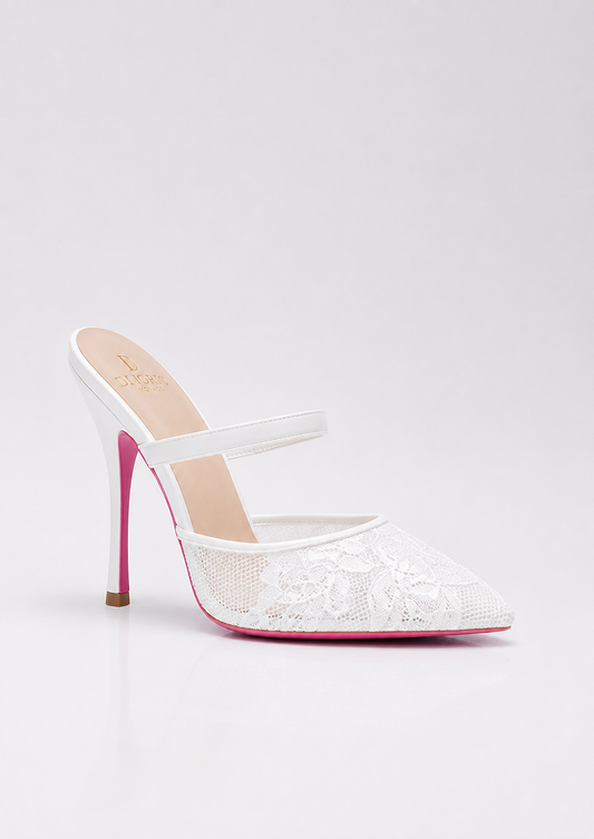 Mule a talon en dnetelle blanche et semelle rose pour femme vu de profil