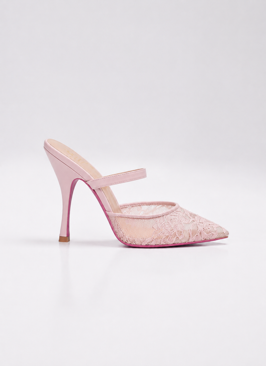 mule a talon en dentelle rose et semelle rose pour femme vu de profil